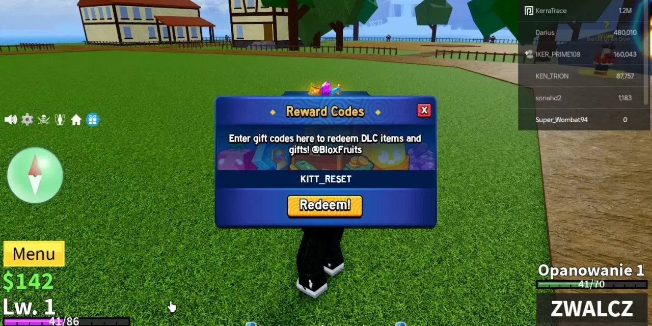 Okno "Reward Codes" w grze Blox Fruits, gdzie można wpisać kody do blox fruits, by otrzymać przedmioty i prezenty.