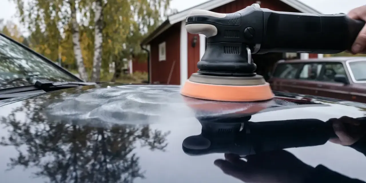 Polermaskin med skumrondell skapar virvlar på bilens lack. I bakgrunden syns ett rött hus och en äldre bil.
