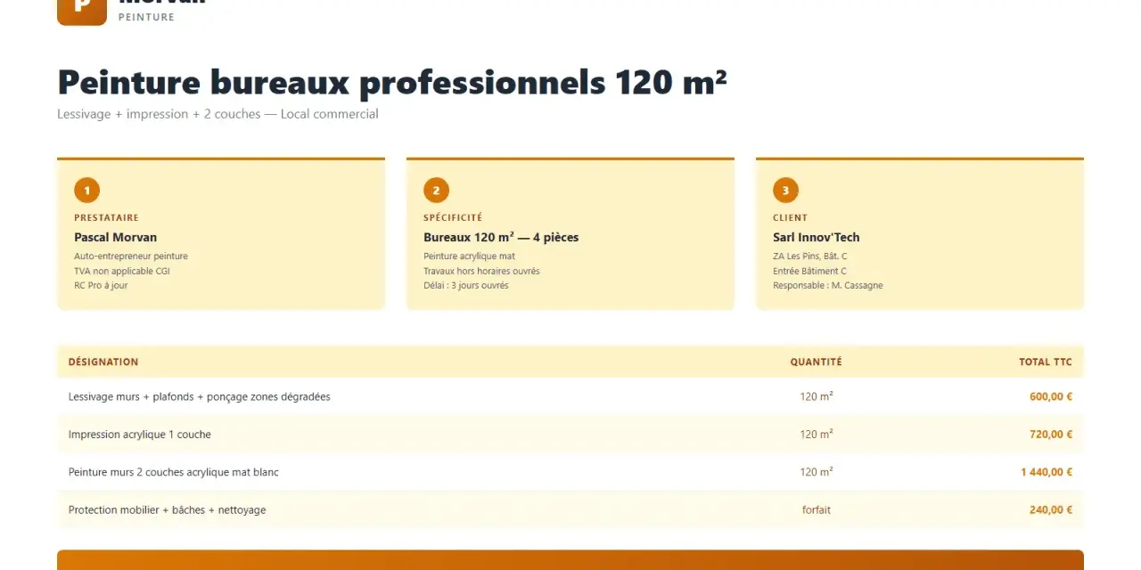Devis de Pascal Morvan, artiste peintre auto entrepreneur, pour la peinture de bureaux de 120 m². Détails des prestations et tarifs.