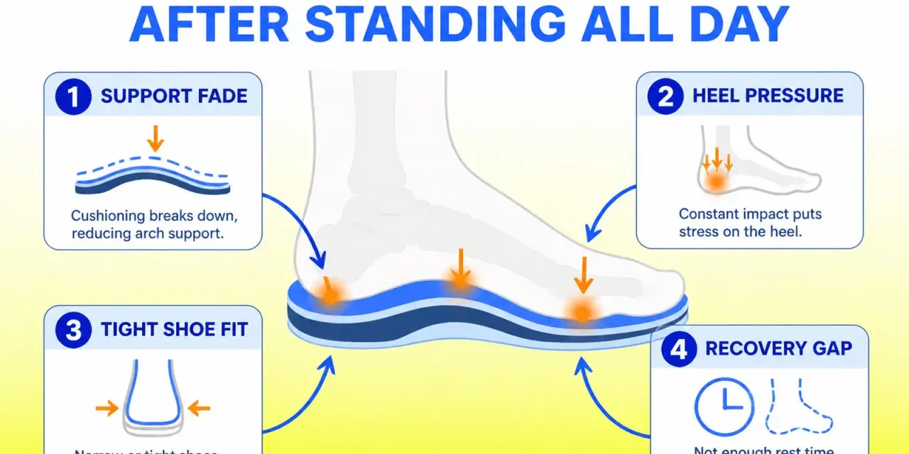 Diagram explains how to relieve foot pain from walking all day: support fade, heel pressure, tight shoe fit, and recovery gap.