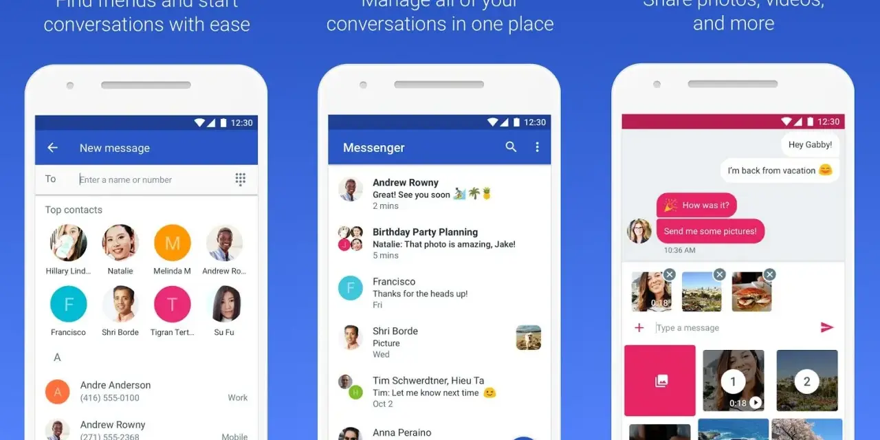 Ekran aplikacji do obsługi wiadomości Google SMS. Widok listy kontaktów, listy konwersacji i okna czatu z możliwością wysyłania zdjęć.