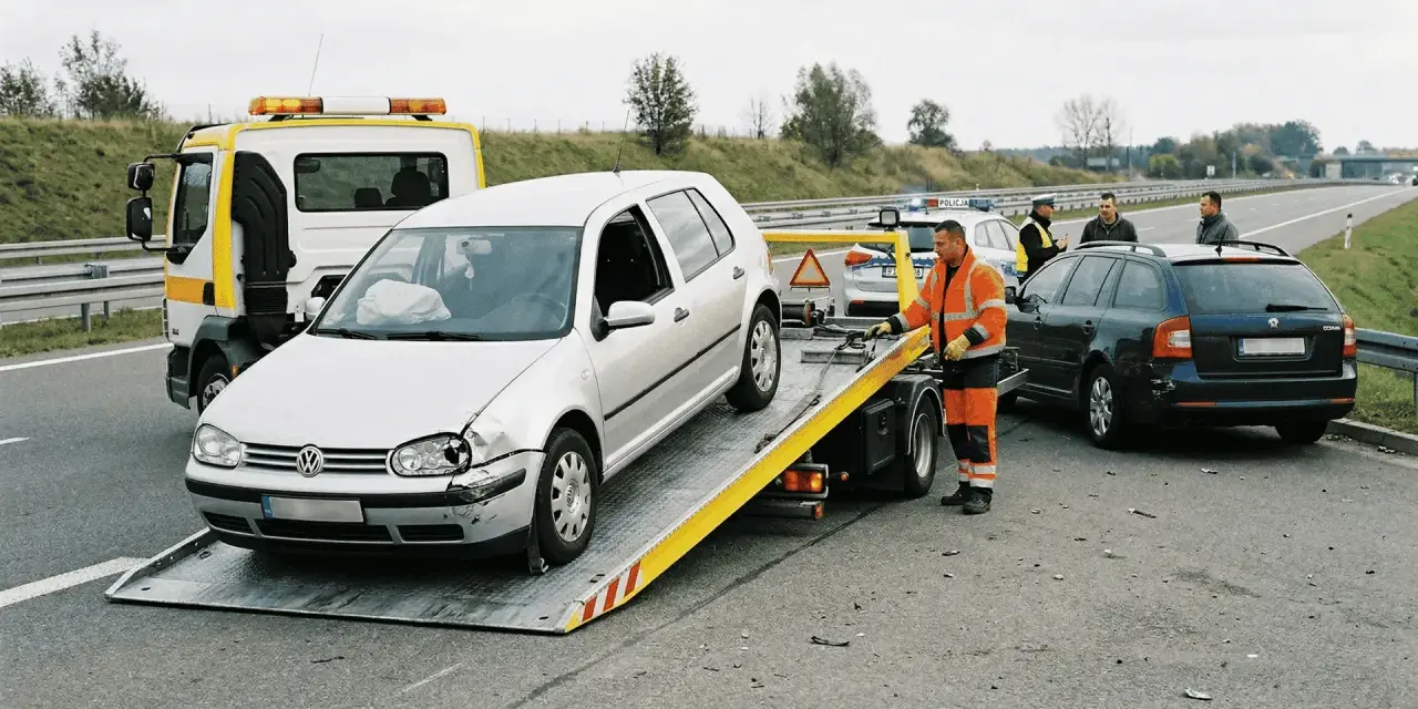 Holowanie uszkodzonego samochodu na lawetę, obok stoi policja i drugi samochód.