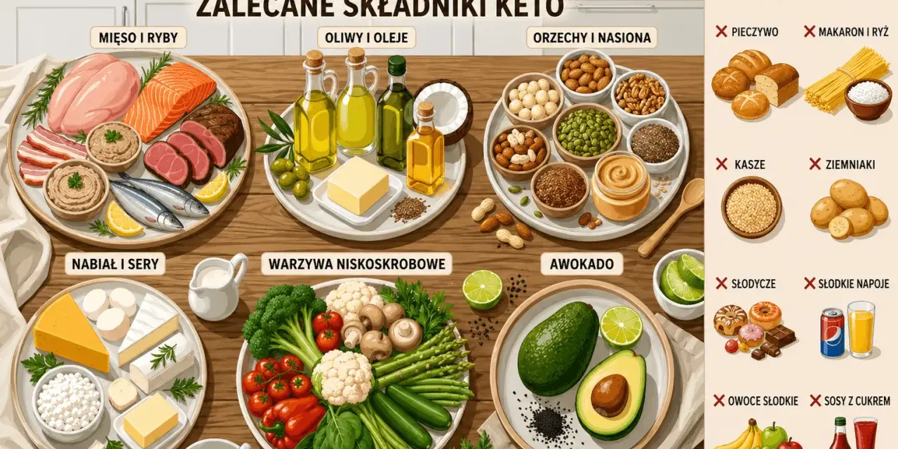 Zalecane produkty do diety keto: mięso, ryby, oliwy, orzechy, nasiona, nabiał, warzywa niskoskrobowe, awokado. Unikaj pieczywa, makaronu, kasz, ziemniaków, słodyczy, słodkich napojów, owoców i sosów z cukrem.
