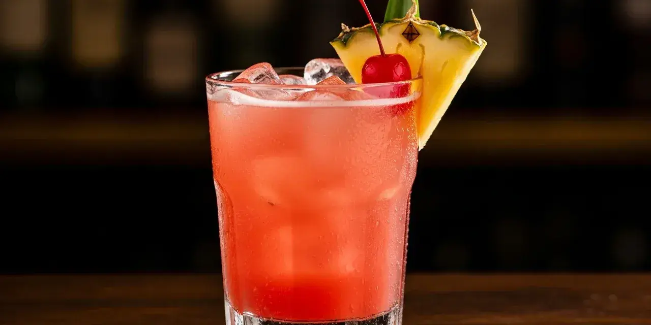 En rosa Singapore Sling med is, garnerad med en körsbär och ananasskiva.