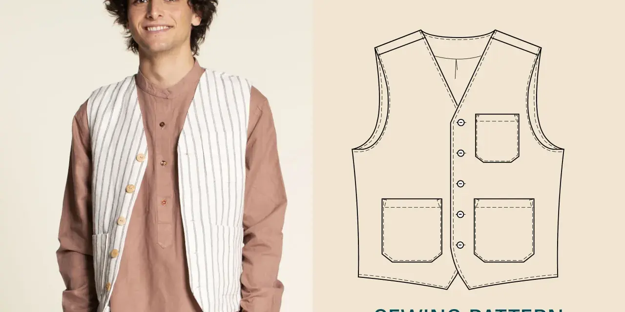 Un homme souriant porte un gilet sans manche rayé. À côté, le patron de ce gilet, disponible gratuitement pour toutes les tailles.