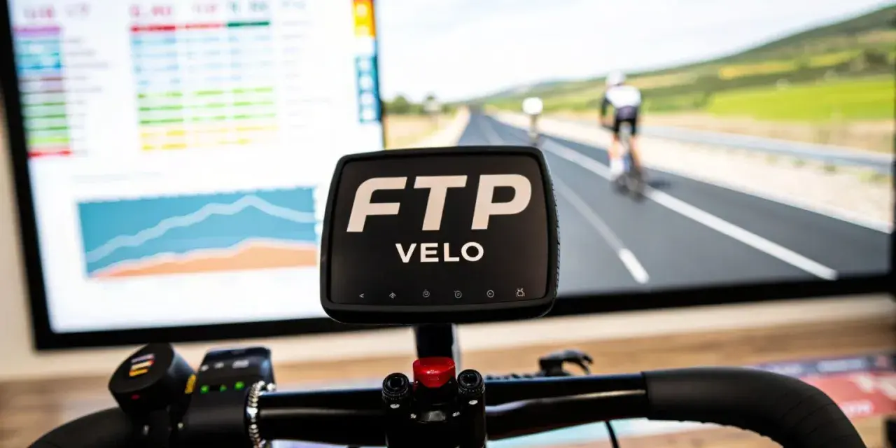 Écran d'entraînement cycliste affichant des données et une course virtuelle. Le logo FTP VELO est bien visible, prêt pour un entraînement de cycliste pro.