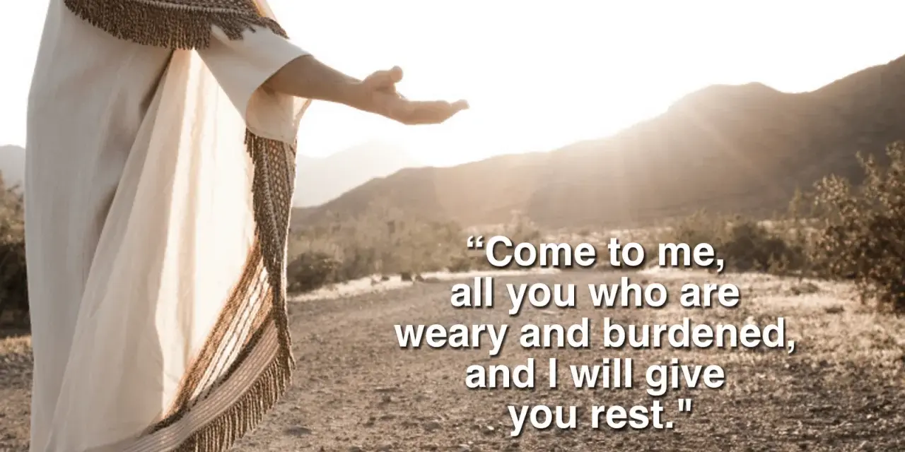 Jesus, in a flowing robe, extends an open hand in a desert landscape, offering rest as described in Matthew 11:28-30 meaning.