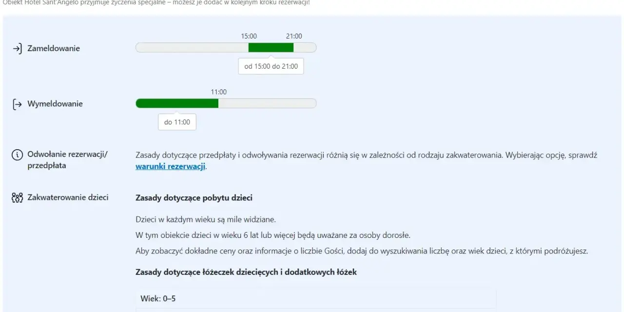 Zasady pobytu w Hotelu Sant'Angelo: zameldowanie od 15:00 do 21:00, wymeldowanie do 11:00. Sprawdź warunki rezerwacji i zasady dotyczące dzieci, aby skorzystać ze zniżki na booking.