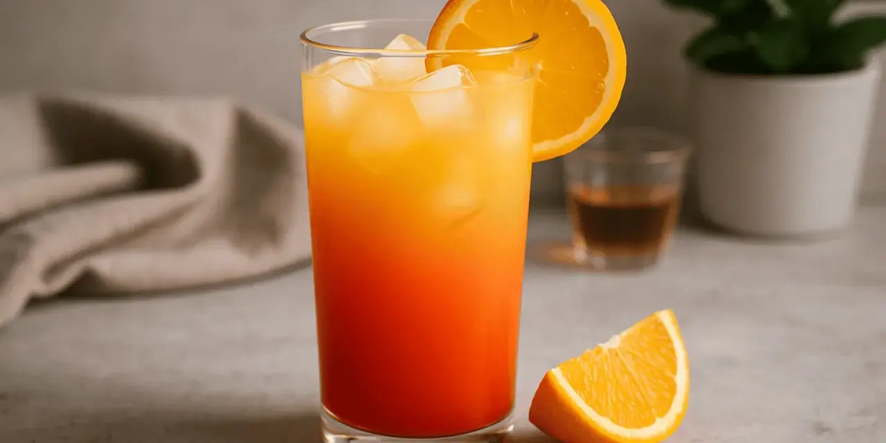 Kolorowy drink tequila sunrise z lodem i plasterkiem pomarańczy, idealny na letnie popołudnie.
