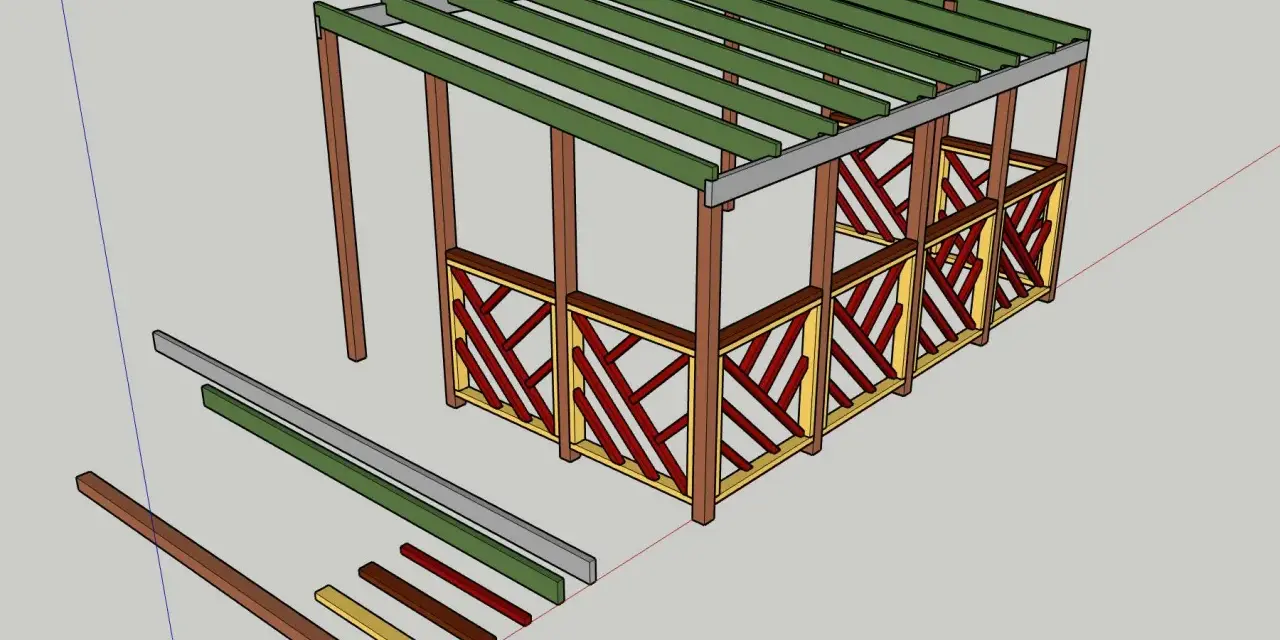 En 3D-modell av en altan med trästolpar, takbjälkar och dekorativa räcken. Bredvid altanen ligger byggdelar som ska användas för att rita altan i SketchUp.