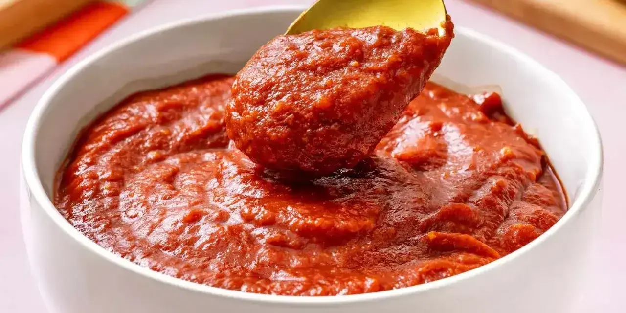 Gęsty, aromatyczny sos pelati nabierany złotą łyżką z białej miseczki. Idealny do makaronu i pizzy.