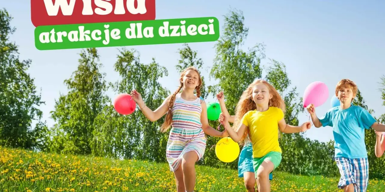 Radosne dzieci biegają po łące pełnej mleczy, trzymając kolorowe balony. Wisła oferuje mnóstwo atrakcji dla dzieci, które sprawią im mnóstwo radości.