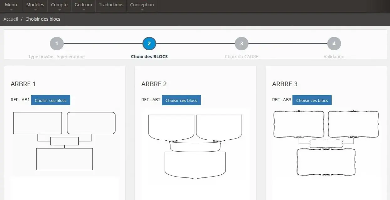 Interface logicielle pour créer un arbre famille. Trois modèles d'arbres sont proposés : ARBRE 1, ARBRE 2 et ARBRE 3.