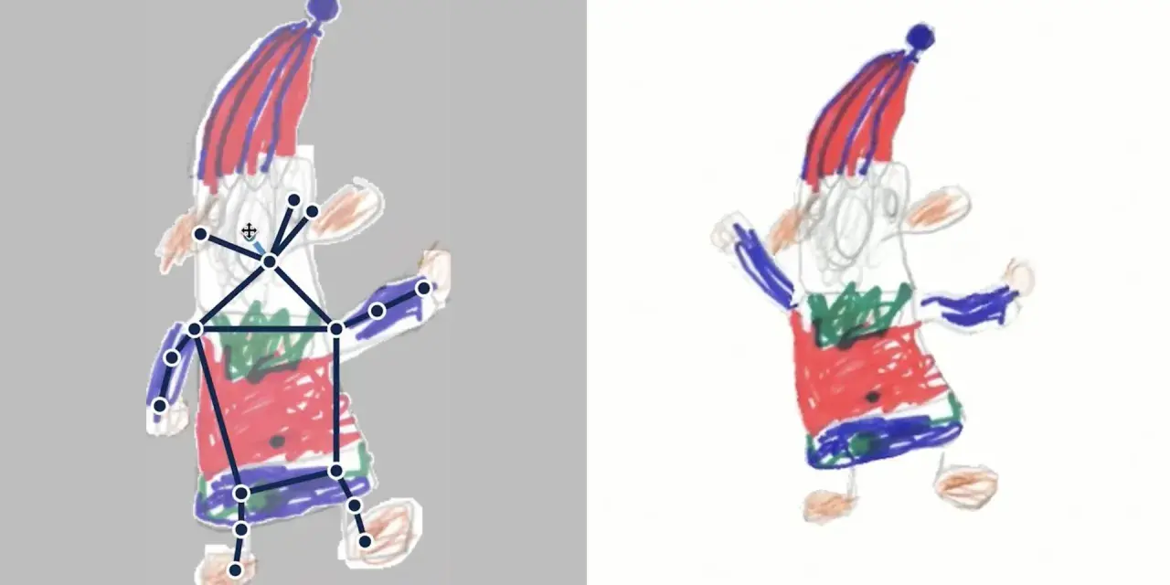 Dessin d'animation : un personnage enfantin avec un squelette numérique superposé, prêt à bouger.