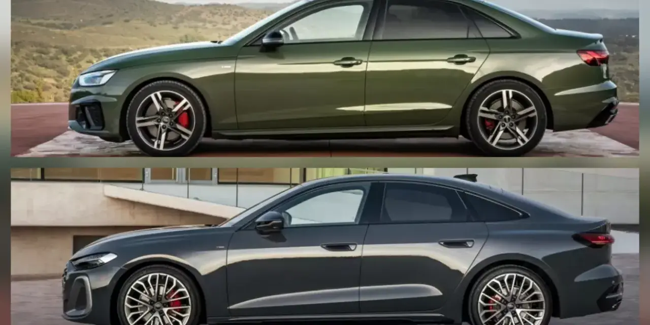 Dwa eleganckie sedany Audi: zielony na tle gór i ciemnoszary przy nowoczesnym budynku.