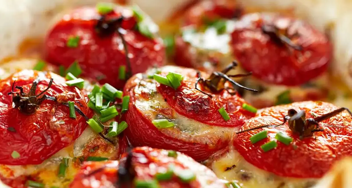 Pomodori ripieni al forno, dorati e succosi, con formaggio fuso e erba cipollina. Un'idea gustosa per un antipasto o un contorno.