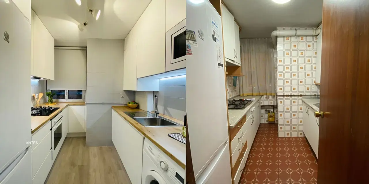 Cocina renovada: antes con azulejos anticuados, después con un diseño moderno y minimalista. ¡Descubre las últimas tendencias en azulejos para cocinas!