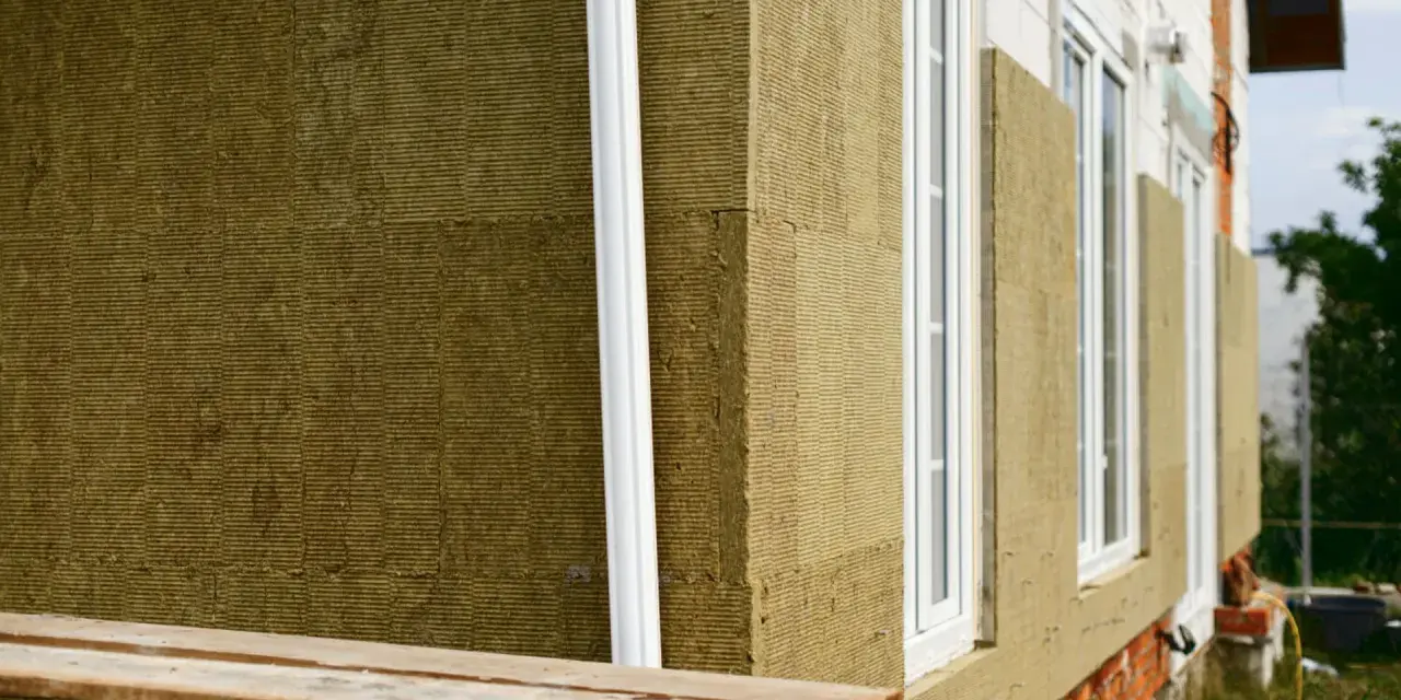 Detalle constructivo SATE: aislamiento de lana mineral en fachada, con ventanas blancas y tubería de desagüe.