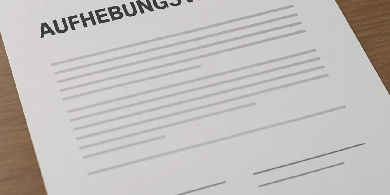 Ein Muster für einen Aufhebungsvertrag, der krankheitsbedingt genutzt werden kann. Das Dokument liegt auf einem Holztisch.