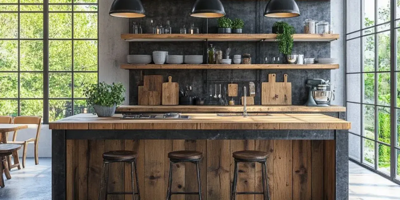 Cucina con isola in legno grezzo e sgabelli, mensole con utensili e piante. Un perfetto esempio di stile rustico moderno.