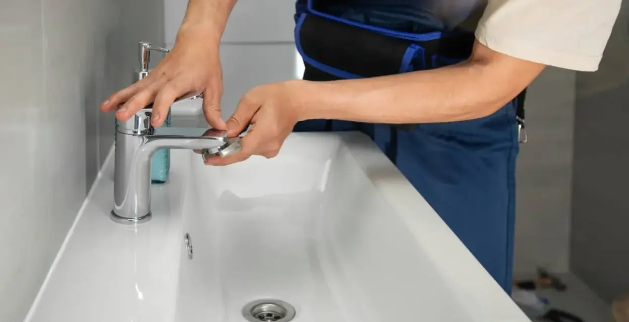 Man con mono azul trabajando en un lavabo blanco, ajustando un grifo cromado.