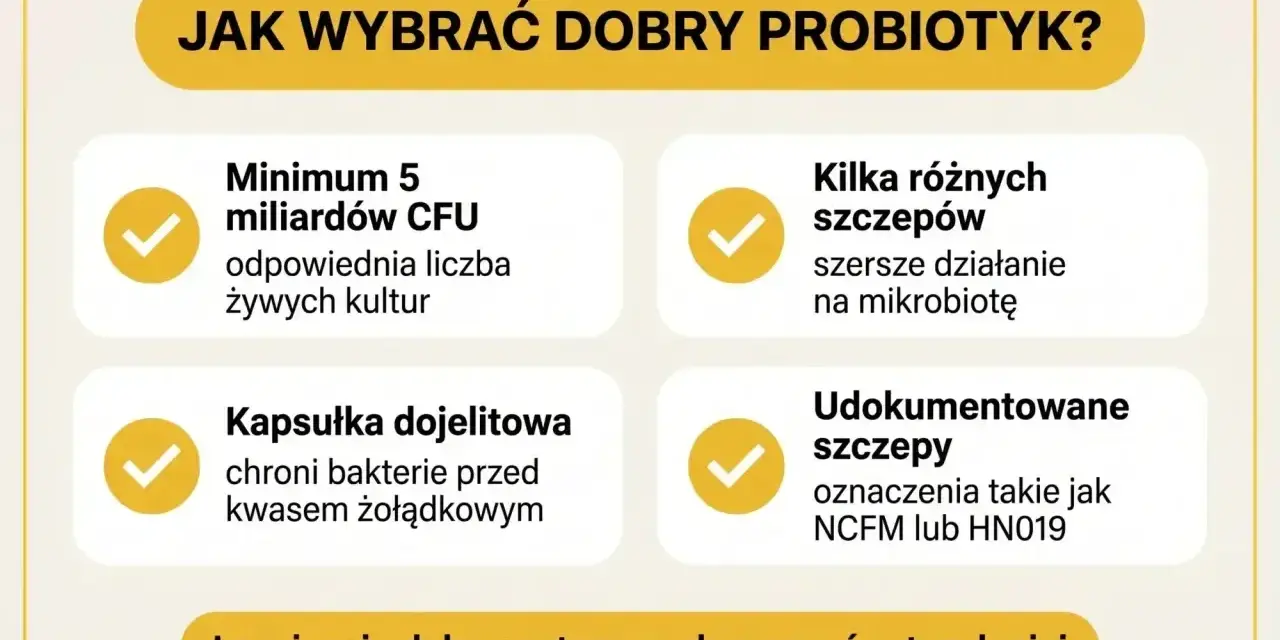 Jak wybrać dobry probiotyk dla dzieci? Minimum 5 miliardów CFU, kilka szczepów, kapsułka dojelitowa i udokumentowane szczepy to klucz do zdrowia.