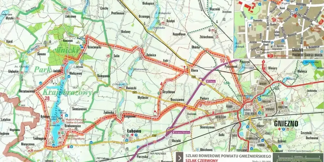 Piastowski trakt rowerowy w Gnieźnie i okolicach. Mapa szlaków rowerowych z zaznaczonymi atrakcjami turystycznymi.