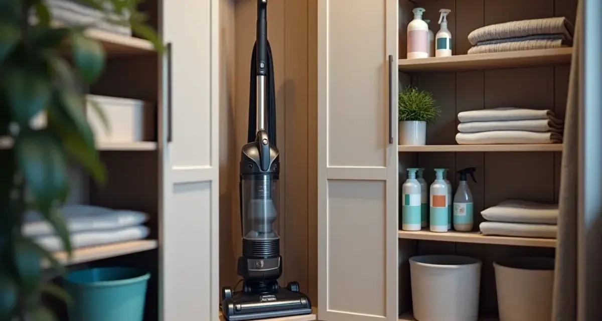 Un aspirateur trône dans un coin de ce rangement balai fait maison, à côté de produits ménagers et de serviettes pliées.