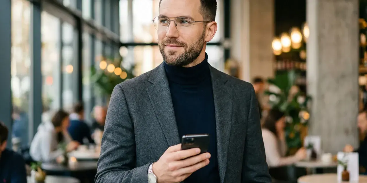 Elegancki mężczyzna z telefonem, zastanawia się nad typami osobowości tinder.