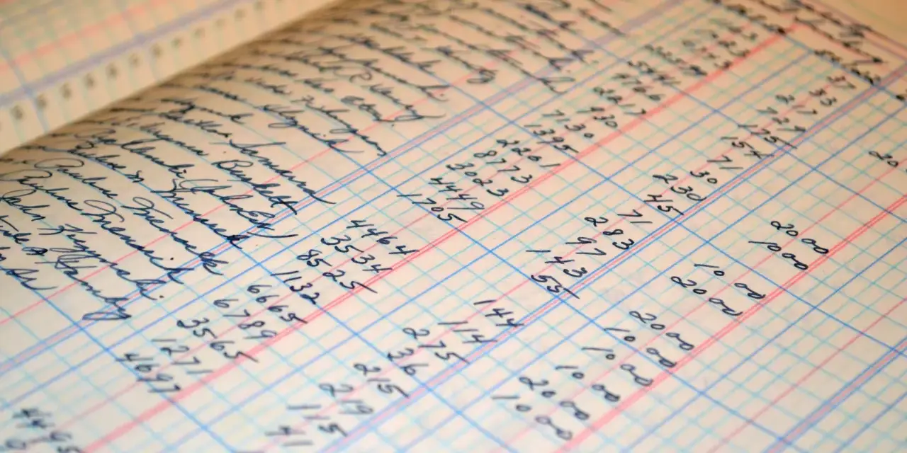 A close-up of a ledger book with handwritten entries, showing columns of names and numbers. This image illustrates the process of how to make a balance sheet, with detailed financial records.
