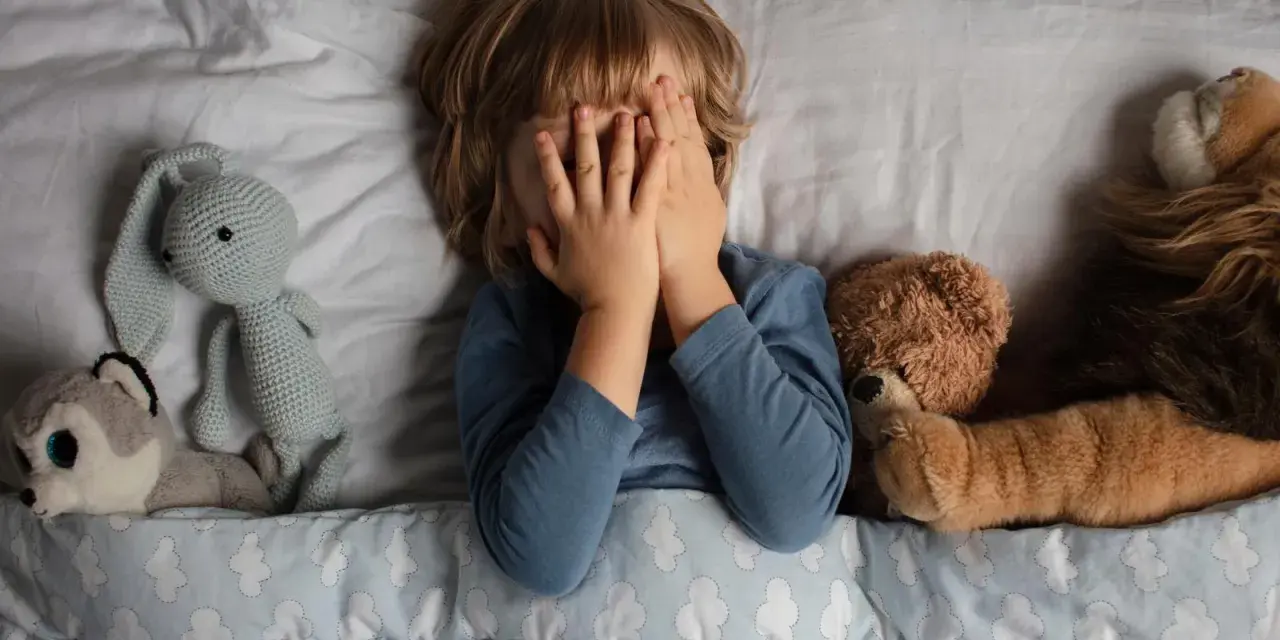 Kind versteckt Gesicht, umgeben von Kuscheltieren. Die Angst um das Kind ist spürbar, es sucht Trost bei seinen Freunden.