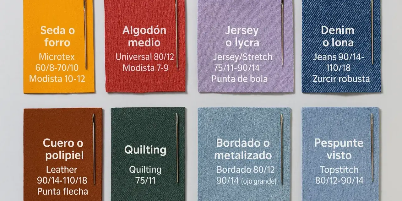 Ocho muestras de tela con agujas: seda, algodón, jersey, **denim** (vaquero), cuero, quilting, bordado y pespunte.