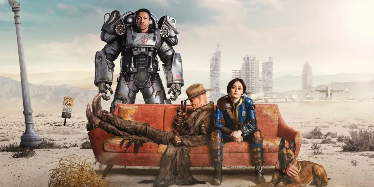 Personajes de Fallout 4 en un sofá desértico. Un soldado en armadura, un hombre con sombrero y una mujer con uniforme azul, junto a un perro. El amor en el páramo, un posible fallout 4 romance.
