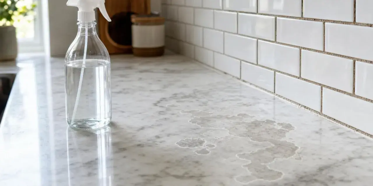 Une bouteille de vinaigre blanc sur un comptoir en pierre naturelle, prêt à nettoyer les taches.