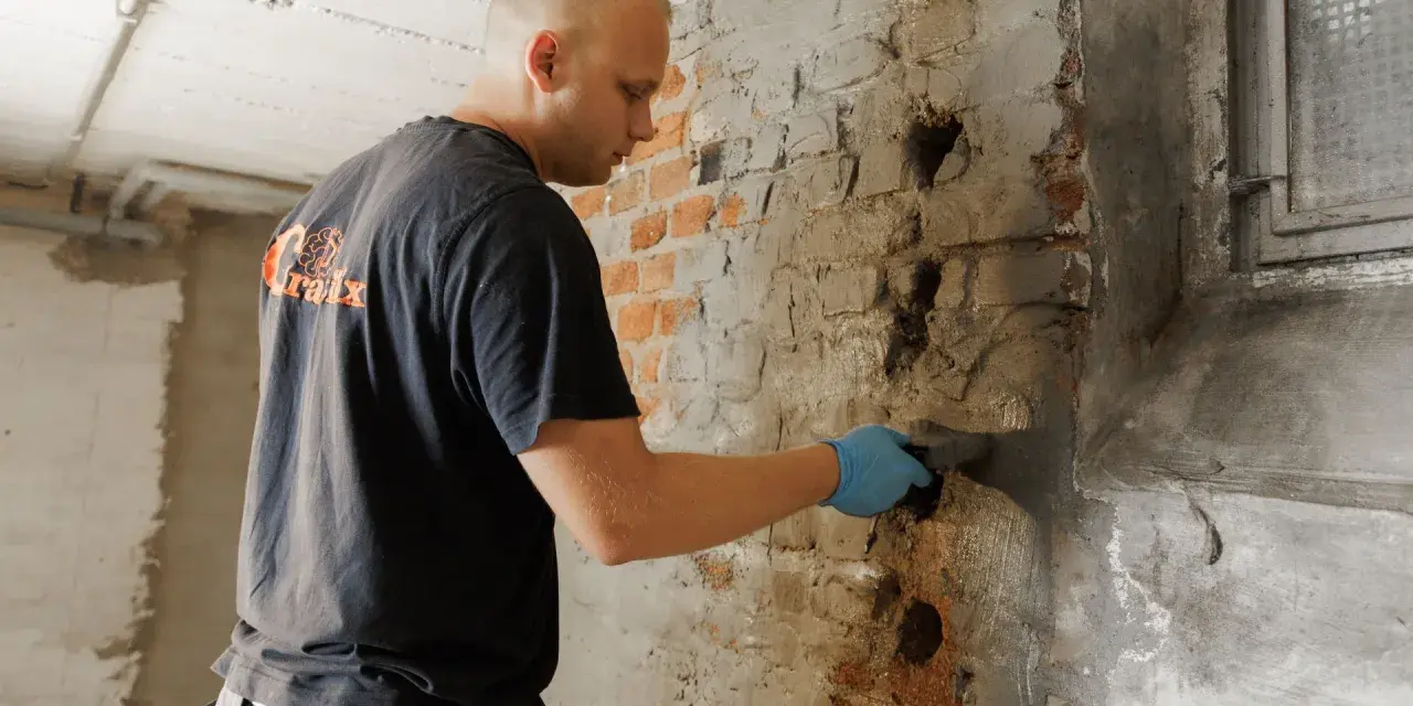 Mann verputzt feuchten Kellerwand.