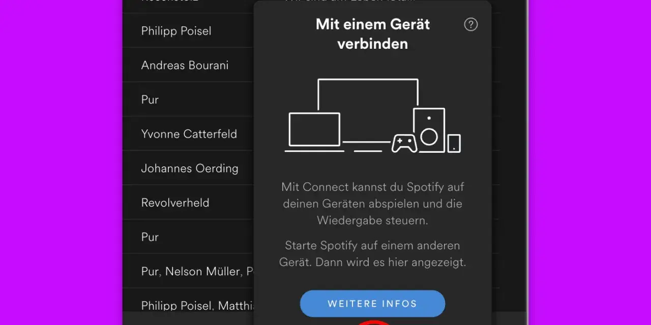 Spotify Connect: Musik auf mehreren Geräten abspielen und steuern. Ein Pop-up erklärt, wie.