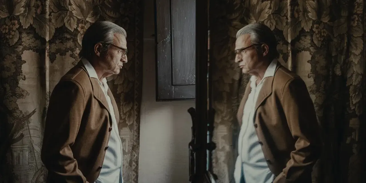 Uomo anziano con giacca marrone e camicia bianca, riflesso in uno specchio. L'arredamento suggerisce un'eleganza d'altri tempi, forse un omaggio a Balenciaga di dove è.