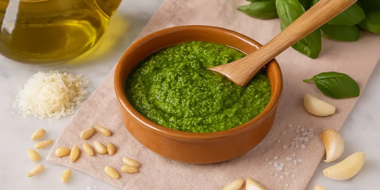 Frisches Pesto Genovese in einer Schale, umgeben von Pinienkernen, Parmesan, Knoblauch, Basilikum und Olivenöl.
