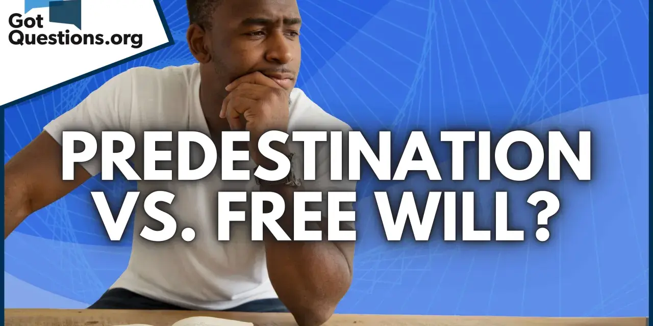 A thoughtful Black man ponders the question of predestination vs. free will, with the words emblazoned across the image.