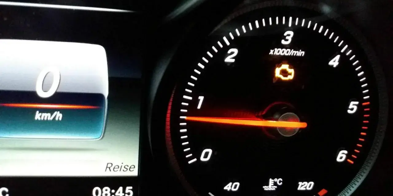 Gelbe motorkontrollleuchte leuchtet auf dem Armaturenbrett. Der Tachometer zeigt 0 km/h.