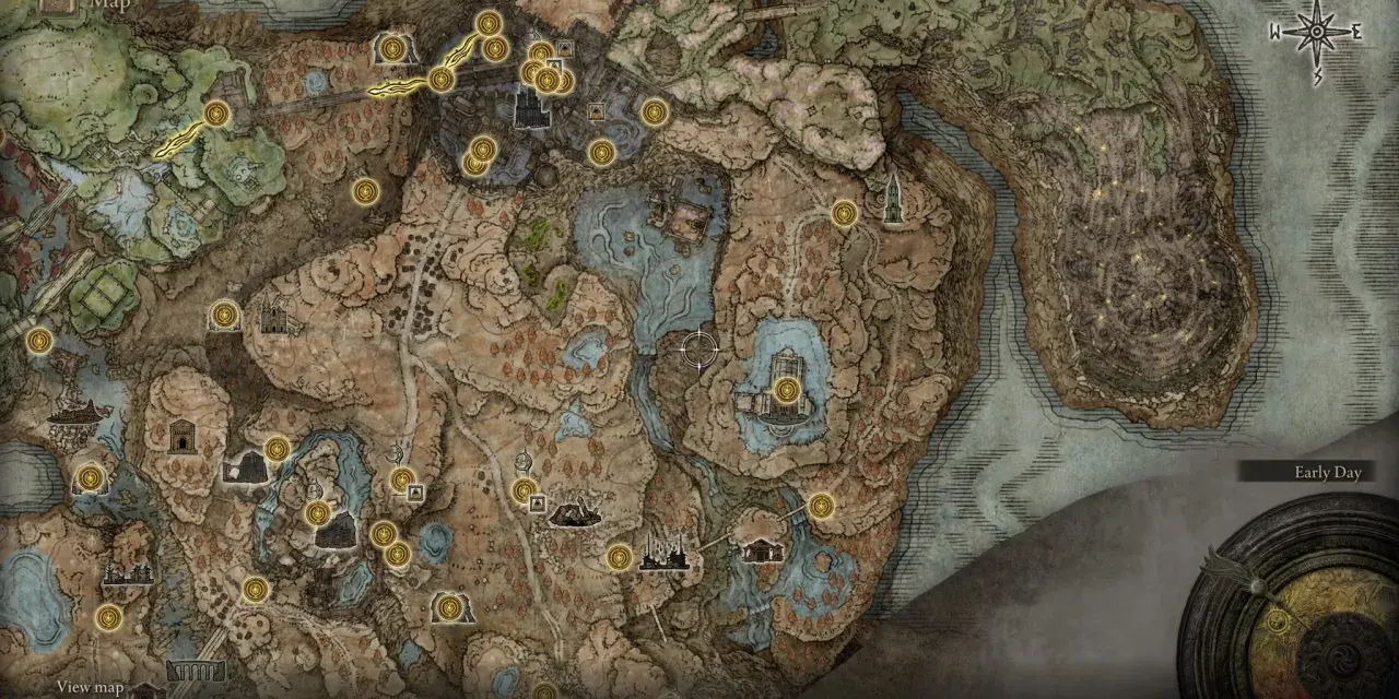 Mapa de Elden Ring con numerosos puntos de gracia dorados marcando lugares de interés y descanso.
