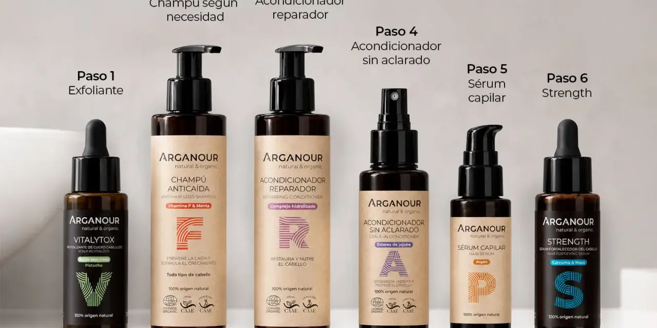 Seis productos Arganour para el cuidado del cabello, incluyendo un sérum y un aceite pelo, presentados en pasos.