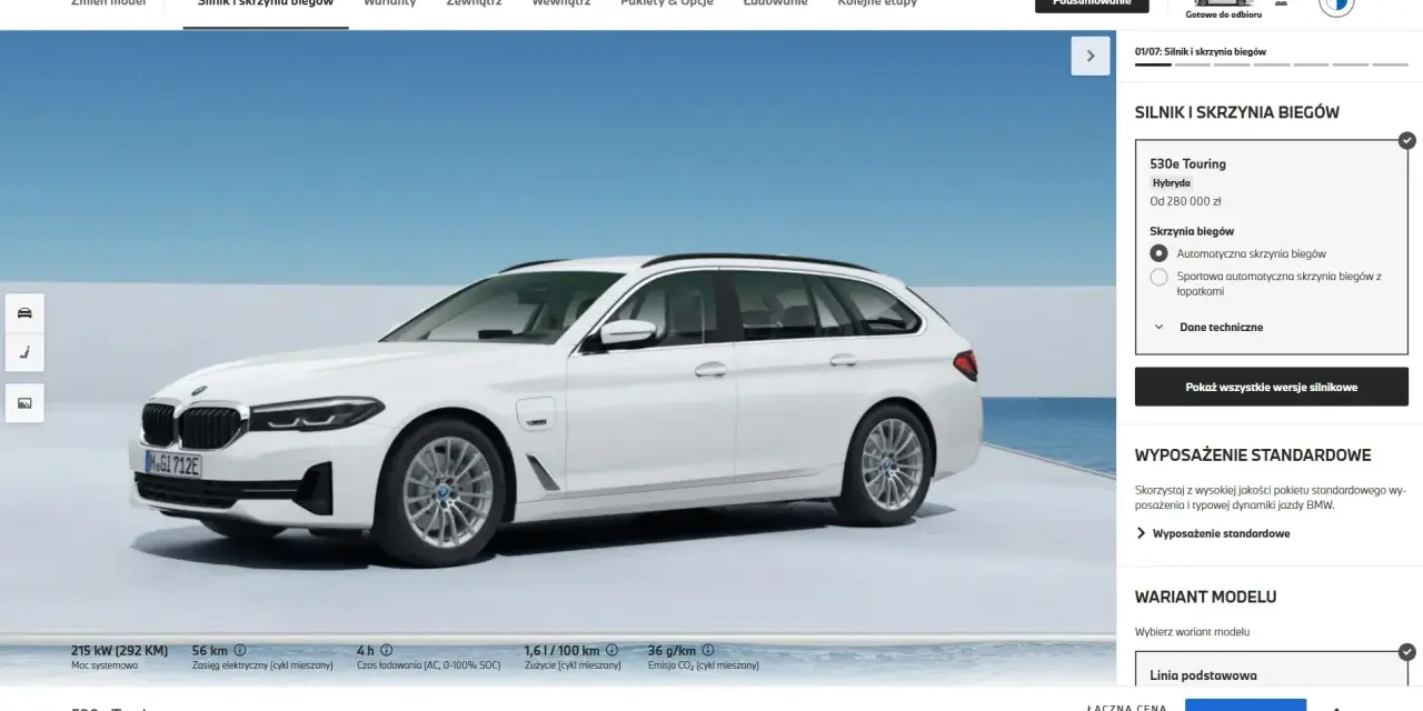Białe BMW 530e Touring hybrydowe, gotowe do jazdy, z automatyczną skrzynią biegów.