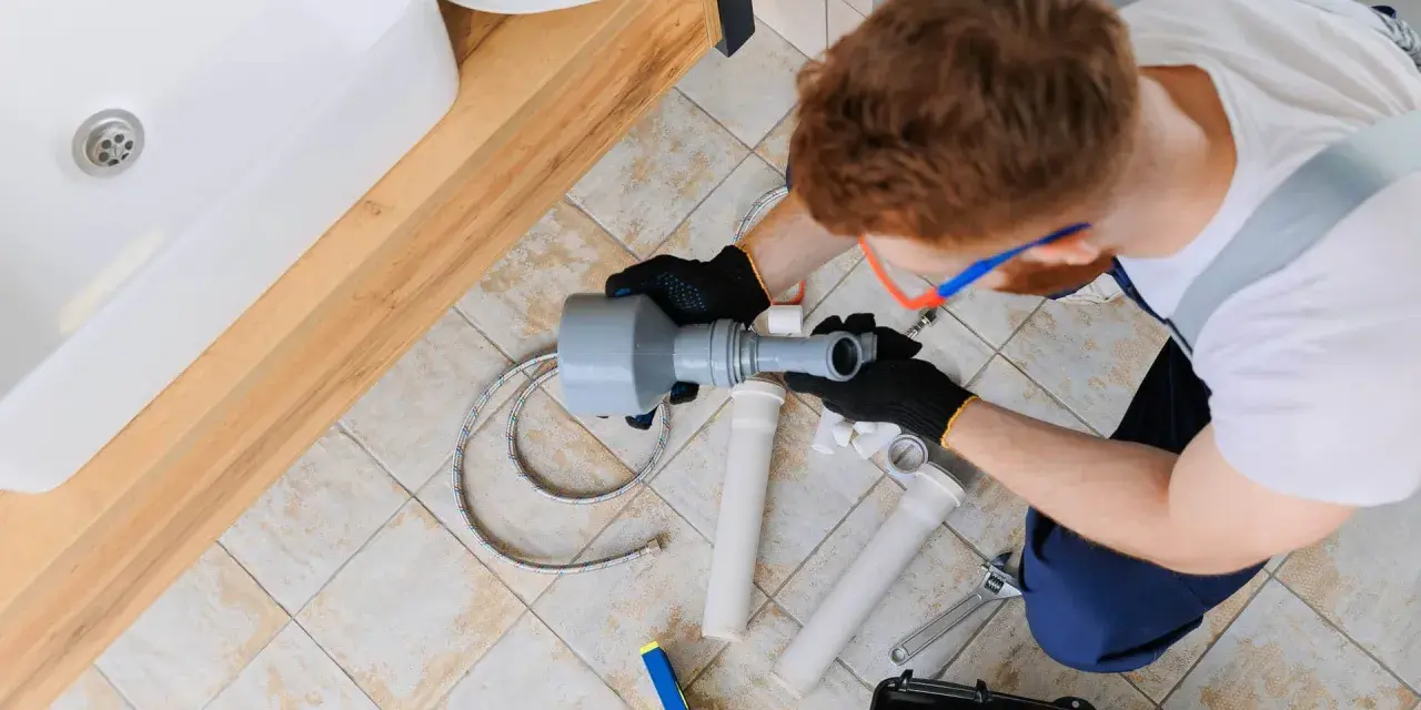 Hydraulik pracuje nad odpowietrzeniem pionu sanitarnego, zgodnie z normą. Widoczny jest zlew i narzędzia.