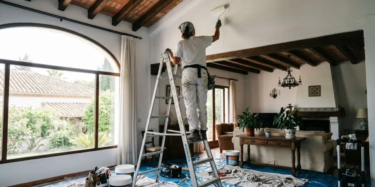 Persona pinta el techo de una sala con vigas de madera. Se pregunta cuánto cuesta pintar una casa.