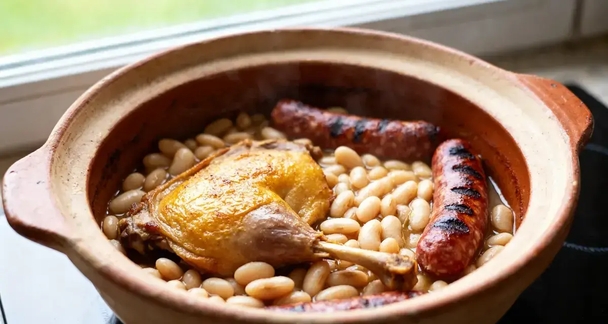 Un plat de cassoulet maison fumant dans une cocotte en terre cuite, avec un confit de canard doré et des saucisses grillées.