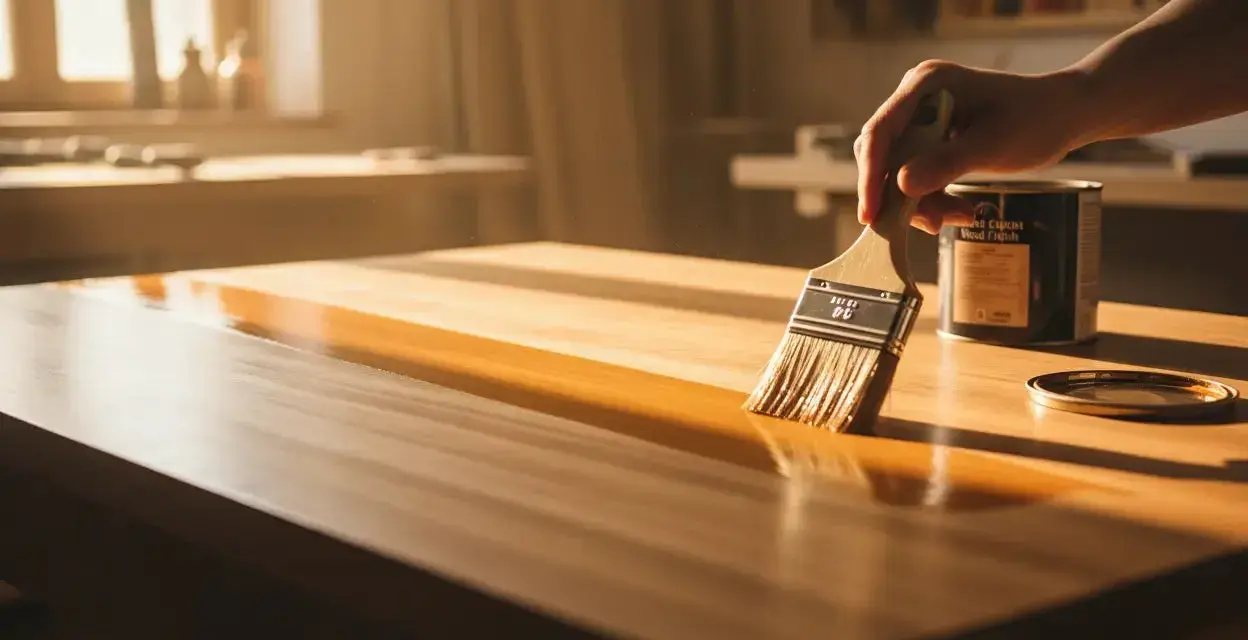 Mano che applica la finitura legno su un tavolo con un pennello, creando una superficie lucida e protetta.