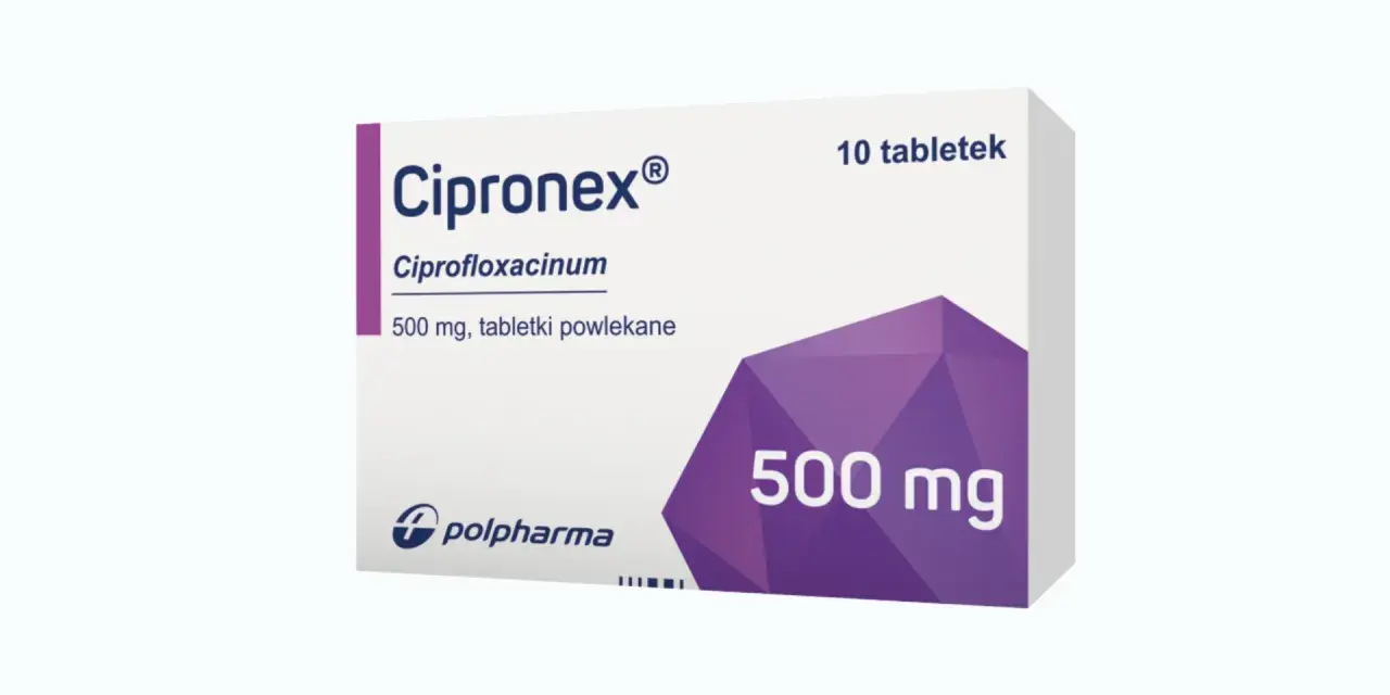 Opakowanie leku Cipronex 500 mg, zawierające 10 tabletek powlekanych.