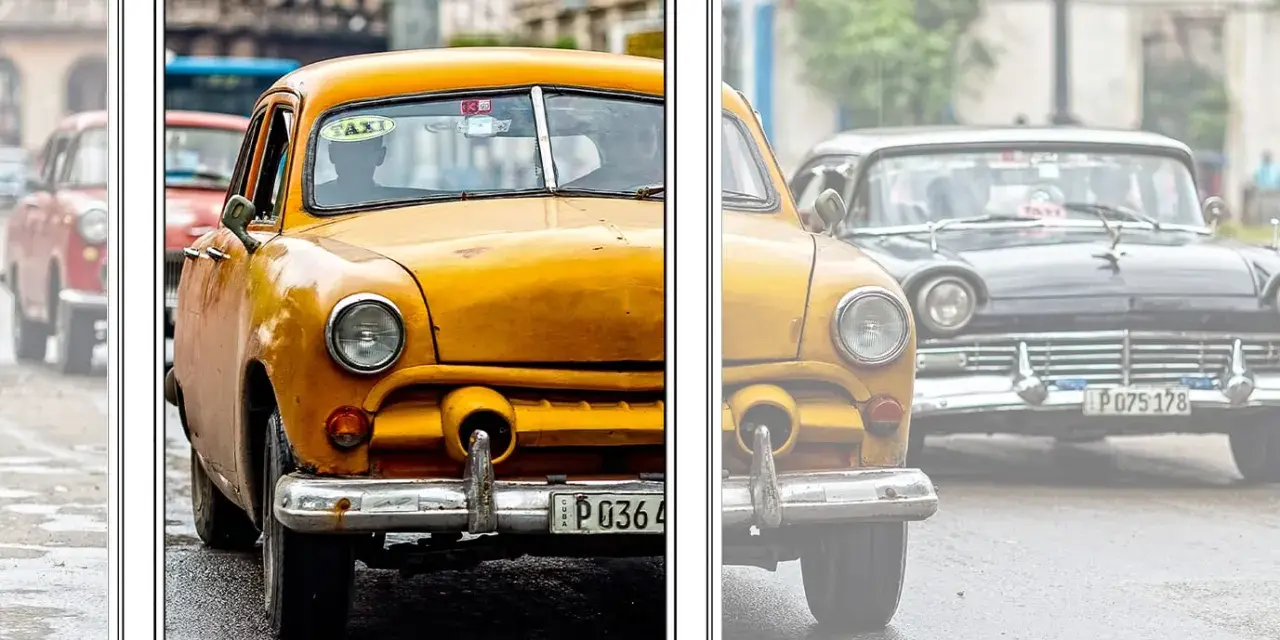 Taxis jaunes et noirs d'époque, une scène parfaite pour des photos à faire.