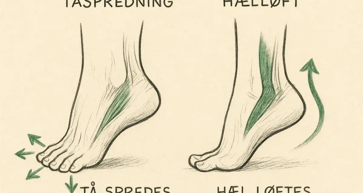 Illustrationer visar hur muskler i foten arbetar vid tåspridning och hällyft.